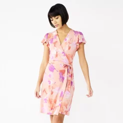 Women's Nine West Flutter Sleeve Wrap Dress -Clothing Sales Store 5280249 Pink Watercolor Floral