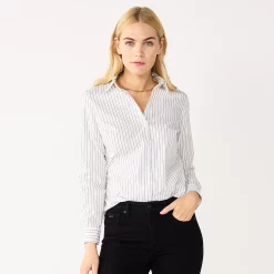 Women's Nine West Long Sleeve Structured Button-Down Shirt -Clothing Sales Store 5284618 Black White Stripe
