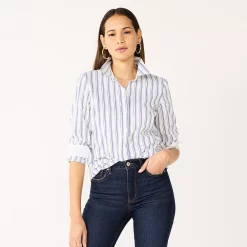 Women's Nine West Long Sleeve Structured Button-Down Shirt -Clothing Sales Store 5284618 Blue White Stripe