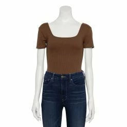 Women's Nine West Rib Short Sleeve Squareneck Bodysuit -Clothing Sales Store 5290693 Abe Brown