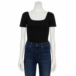 Women's Nine West Rib Short Sleeve Squareneck Bodysuit -Clothing Sales Store 5290693 Black