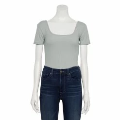 Women's Nine West Rib Short Sleeve Squareneck Bodysuit -Clothing Sales Store 5290693 Gray Fox Heather