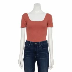 Women's Nine West Rib Short Sleeve Squareneck Bodysuit -Clothing Sales Store 5290693 Mauve Jewel