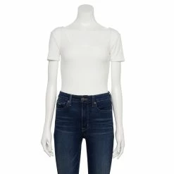 Women's Nine West Rib Short Sleeve Squareneck Bodysuit -Clothing Sales Store 5290693 White