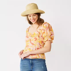 Petite Nine West Twist Front Puff Sleeve Top -Clothing Sales Store 5491959 Yellow Palm Floral