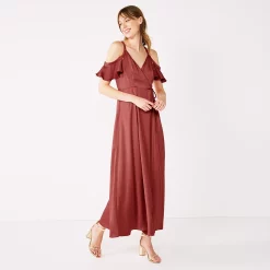 Women's Nine West Flounce Cold-Shoulder Maxi Dress -Clothing Sales Store 5525423 Marsala Flower