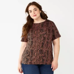 Plus Size Nine West Essential Crewneck Tee -Clothing Sales Store 5525951 Black And Brown Dots