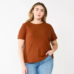 Plus Size Nine West Essential Crewneck Tee -Clothing Sales Store 5525951 Brown Brick Rib