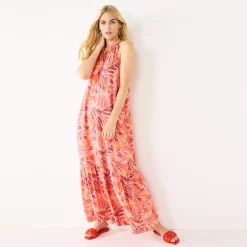 Women's Nine West Tiered Peasant Maxi Dress -Clothing Sales Store 5531866 Coral Abstract Fronds