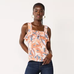 Women's Nine West Squareneck Ruffle Tank -Clothing Sales Store 5532424 Brown Palms