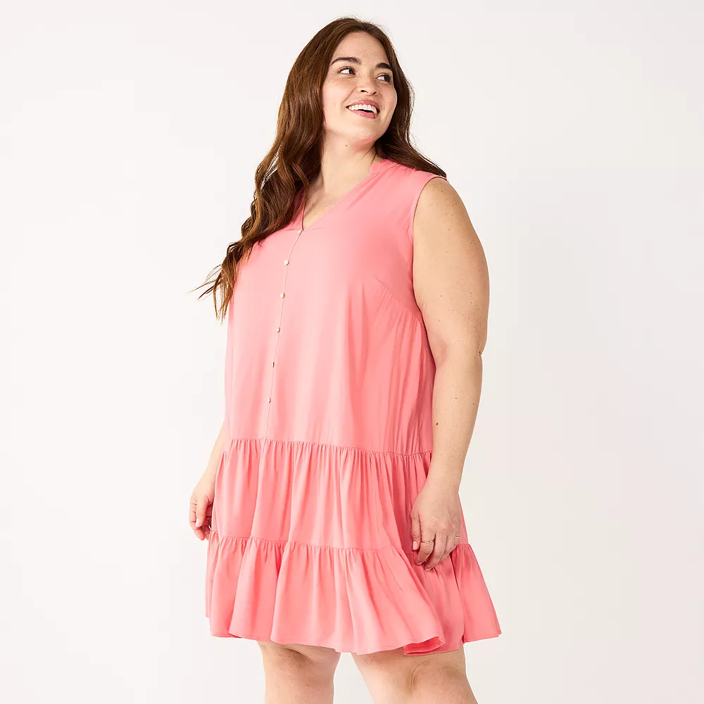 Plus Size Nine West Sleeveless Button-Front Tiered Drop Waist Dress 3 Plus Size Nine West Sleeveless Button-Front Tiered Drop Waist Dress
