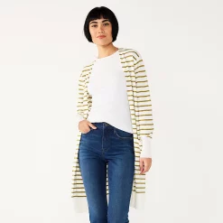 Women's Nine West High Slit Duster Cardigan -Clothing Sales Store 5569252 Olive Ivory Stripe