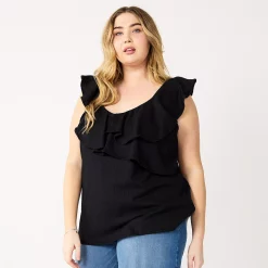 Plus Size Nine West Sleeveless Ruffle Detail Top -Clothing Sales Store 5570041 Black