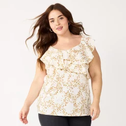 Plus Size Nine West Sleeveless Ruffle Detail Top -Clothing Sales Store 5570041 White Waves