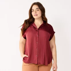 Plus Size Nine West Short Sleeve Easy Lapel Shirt -Clothing Sales Store 5570557 Vintage Wine