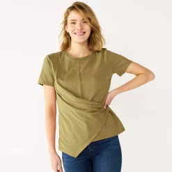 Women's Nine West Asymmetric Short Sleeve Crewneck Top -Clothing Sales Store 5570845 Sergio Olive
