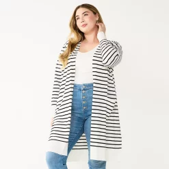 Plus Size Nine West Long Open-Front Cardigan -Clothing Sales Store 5571922 Black Stripe