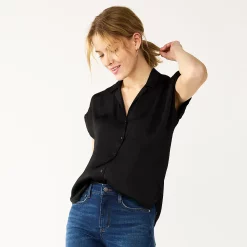 Women's Nine West Short Sleeve Easy Lapel Shirt -Clothing Sales Store 5577441 Black