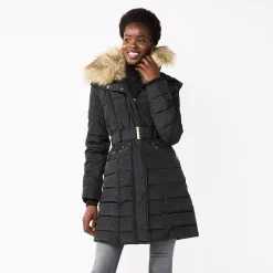 Women's Nine West Faux-Fur Collar Puffer Coat -Clothing Sales Store 5578774 Black