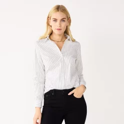 Petite Nine West Long Sleeve Structured Shirt -Clothing Sales Store 5579645 Black White Stripe