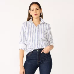 Petite Nine West Long Sleeve Structured Shirt -Clothing Sales Store 5579645 Blue White Stripe