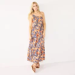 Women's Nine West One-Shoulder Smocked Maxi Dress -Clothing Sales Store 5580581 Abstract Fronds