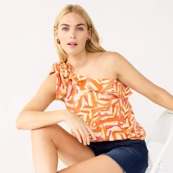 Women's Nine West One-Shoulder Ruffle Neck Top -Clothing Sales Store 5580827 Brown Abstract