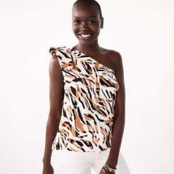 Women's Nine West One-Shoulder Ruffle Neck Top -Clothing Sales Store 5580827 White Brown Zebra