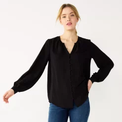 Women's Nine West Button Front Balloon Sleeve Tunic -Clothing Sales Store 5581079 Black