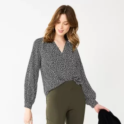 Women's Nine West Button Front Balloon Sleeve Tunic -Clothing Sales Store 5581079 Black Cobble Dot