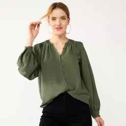 Women's Nine West Button Front Balloon Sleeve Tunic -Clothing Sales Store 5581079 Infantry Olive
