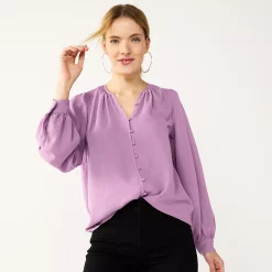 Women's Nine West Button Front Balloon Sleeve Tunic -Clothing Sales Store 5581079 Lupine Lilac