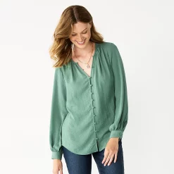 Women's Nine West Button Front Balloon Sleeve Tunic -Clothing Sales Store 5581079 Signature Green