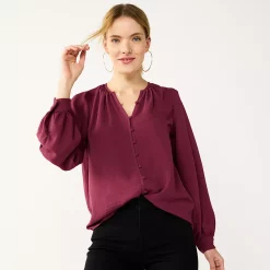 Women's Nine West Button Front Balloon Sleeve Tunic -Clothing Sales Store 5581079 Vintage Red