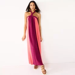 Women's Nine West Halter Neck Colorblock Maxi Dress -Clothing Sales Store 5581340 Vintage Red Combo