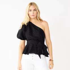 Women's Nine West One-Shoulder Tie Waist Peplum Top -Clothing Sales Store 5581408 Black