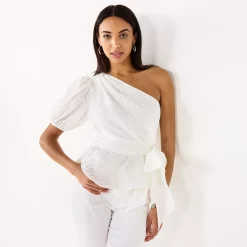 Women's Nine West One-Shoulder Tie Waist Peplum Top -Clothing Sales Store 5581408 White