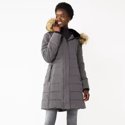 Women's Nine West Faux-Fur Hood Puffer Jacket -Clothing Sales Store 5582728 Smoke