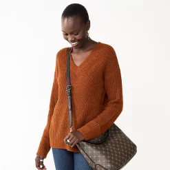 Women's Nine West Stitch Front V-Neck Sweater -Clothing Sales Store 5585833 Baked Nutmeg