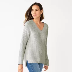 Women's Nine West Stitch Front V-Neck Sweater -Clothing Sales Store 5585833 Grey Fox Heather