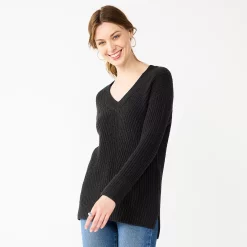 Women's Nine West Stitch Front V-Neck Sweater -Clothing Sales Store 5585833 Mineral Black