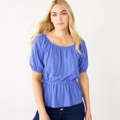 Women's Nine West Puff Sleeve Square Neck Peplum Top -Clothing Sales Store 5594992 Blue Stripe