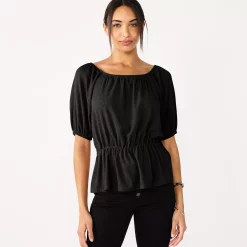 Women's Nine West Puff Sleeve Square Neck Peplum Top -Clothing Sales Store 5594992 Mineral Black