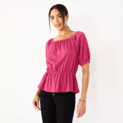 Women's Nine West Puff Sleeve Square Neck Peplum Top -Clothing Sales Store 5594992 Pink Stripe