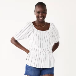 Women's Nine West Puff Sleeve Square Neck Peplum Top -Clothing Sales Store 5594992 White Stripe