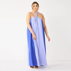 Plus Size Nine West Halter Neck Colorblock Maxi Dress