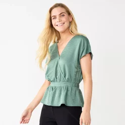 Women's Nine West Short Sleeve Peplum Wrap Top -Clothing Sales Store 5670316 Signature Green