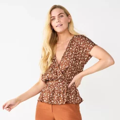 Women's Nine West Short Sleeve Peplum Wrap Top -Clothing Sales Store 5670316 Small Cheetah