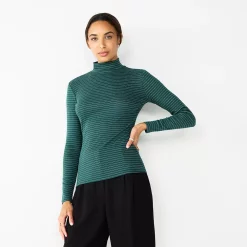 Women's Nine West Long Sleeve Fitted Turtleneck Top -Clothing Sales Store 5691570 Green Shine Stripe