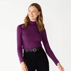 Women's Nine West Long Sleeve Fitted Turtleneck Top -Clothing Sales Store 5691570 Plum Shine Stripe
